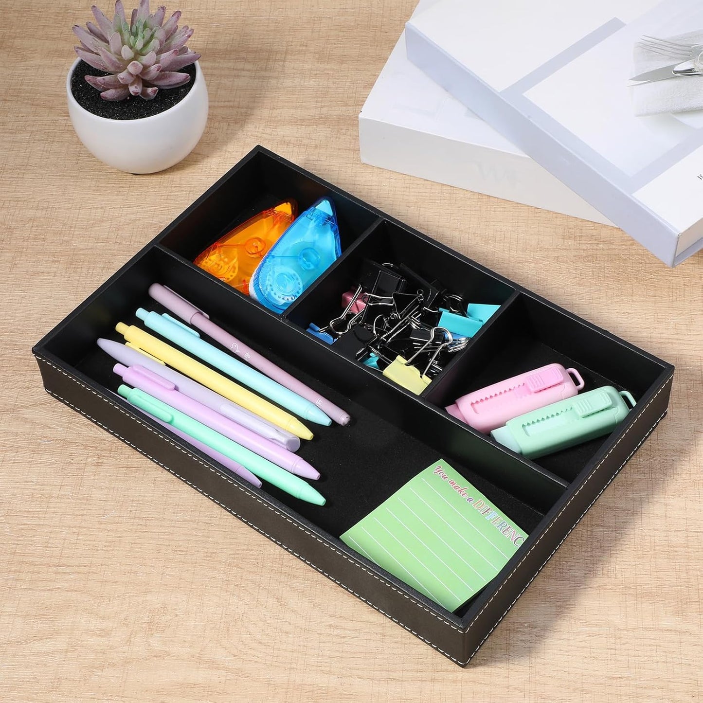 2-Piece Faux Leather Valet Tray Set, Drawer Storage Organizer Divider for Desk, Nightstand, Jewelry, Keys, Wallet, Sunglasses, Phone, Watch - Black