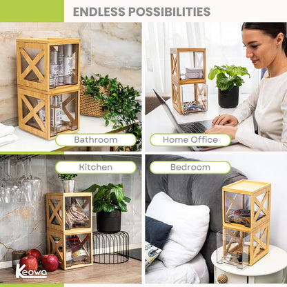 Bamboo Snack & Pantry kitchen Organizer – 2 Pack Bamboo Stackable Storage Drawers – Pull Out Storage for Cookies, Spices, Coffee Pods & K Cups – Clear Acrylic Drawer for Countertop Use