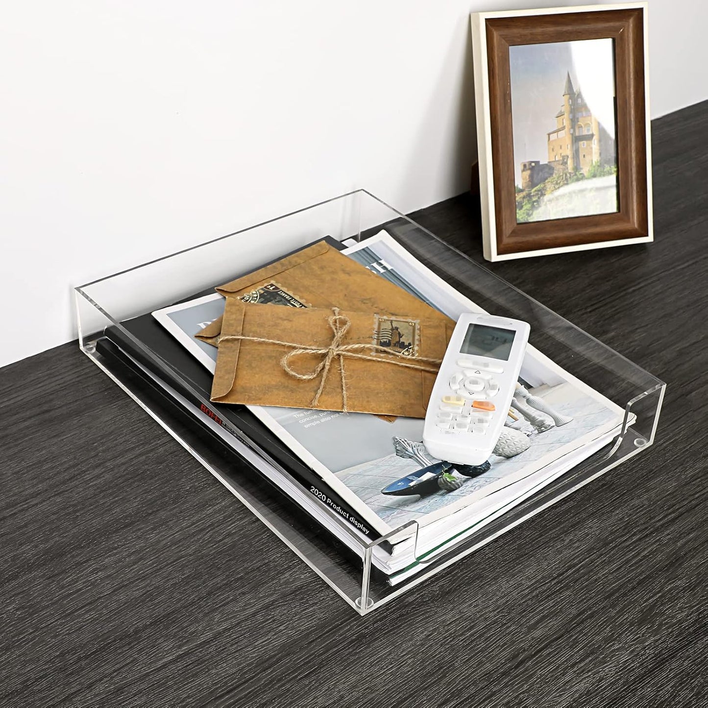 BTSKY 1 Pack Multipurpose A4 File Tray Clear Acrylic Desk Tray Organizer Elegant Letter Size Desk Documents Trays Magazine Files Storage Basket Organizer Bin for Office Cosmetics Bathroom