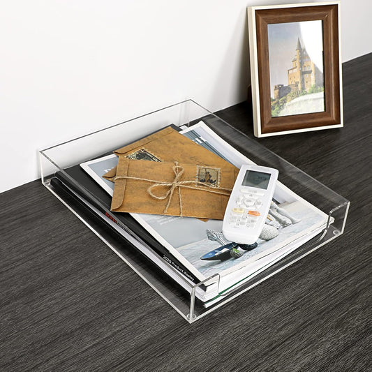 BTSKY 1 Pack Multipurpose A4 File Tray Clear Acrylic Desk Tray Organizer Elegant Letter Size Desk Documents Trays Magazine Files Storage Basket Organizer Bin for Office Cosmetics Bathroom