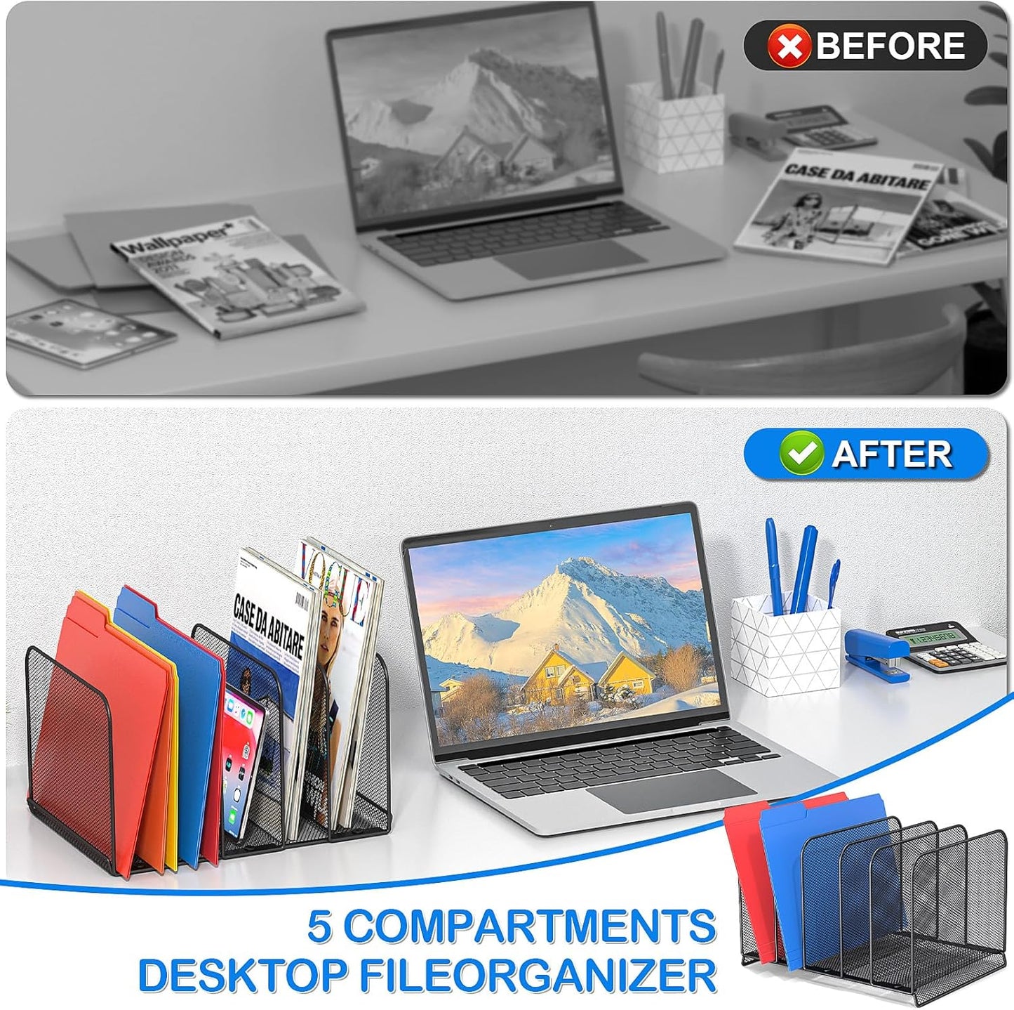 TOPCJ 5 Sections Desk File Holder/Rack/Sorter,Mesh File Organizer,File Folder Organizer,Metal Upright Desktop Organization for Documents,Magazine,Kitchenware,Antiskid,Antirust,Sturdy,1 Pack