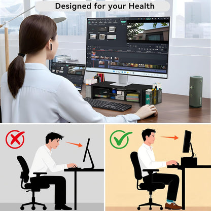 Qupui Computer Monitor Stand Riser with Drawer and Pen Holders, Desk Organizer Shelf and Accessories, Office Desk Accessories, Office Organization, Black