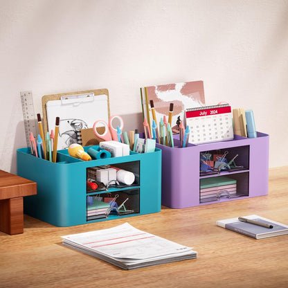 Marbrasse Pen Organizer with 2 Drawer, Multi-Functional Pencil Holder for Desk, Desk Organizers and Accessories with 5 Compartments + Drawer for Office Art Supplies (White)