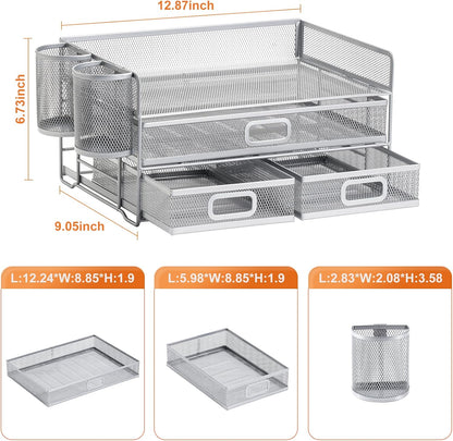 Marbrasse 3 Tier Mesh Desk Organizer with Drawer, Multi-Functional Desk Organizers and Accessories, Paper Letter Organizer with 2 Pen Holder for Home Office Supplies (Black)