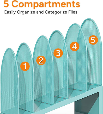5-Section Desk File Organizer, Metal Mesh Folder Organizer for Documents, Mail & Office Papers (Black)