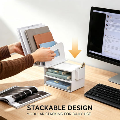 CiWiVOKi Desk Organizer with 2 Vertical File Holder, 4 Tier Stackable Paper Letter Tray File Organizer with 5-Compartments Pen Holder, Clear Desktop Organizer Office Organization and Storage