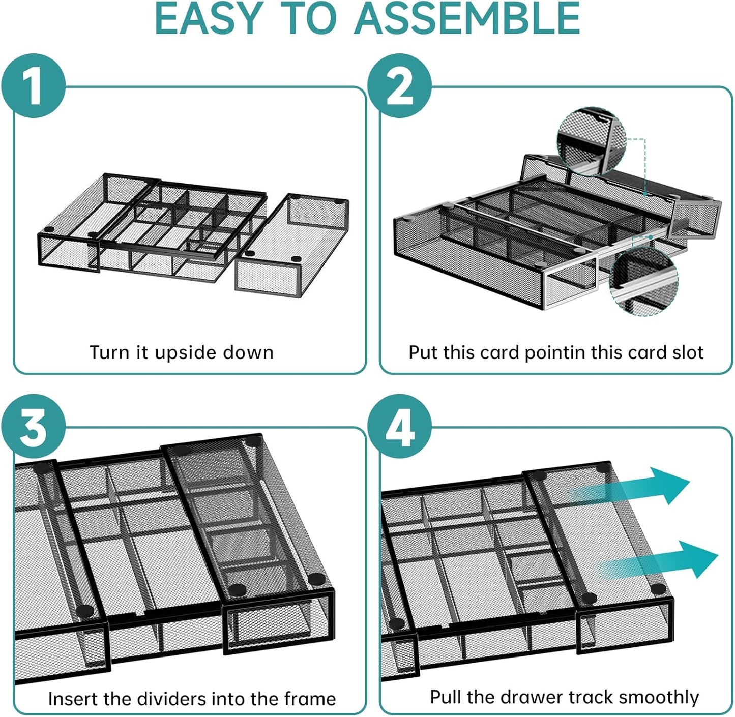 Expandable Desk Drawer Organizer Tray with 10 Adjustable Compartments, Metal Mesh Office Drawer Organizer, Versatile Desk Organizer for Home, School Supplies, Makeup Vanity & Jewelry (Black)