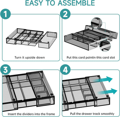 Expandable Desk Drawer Organizer Tray with 10 Adjustable Compartments, Metal Mesh Office Drawer Organizer, Versatile Desk Organizer for Home, School Supplies, Makeup Vanity & Jewelry (Black)
