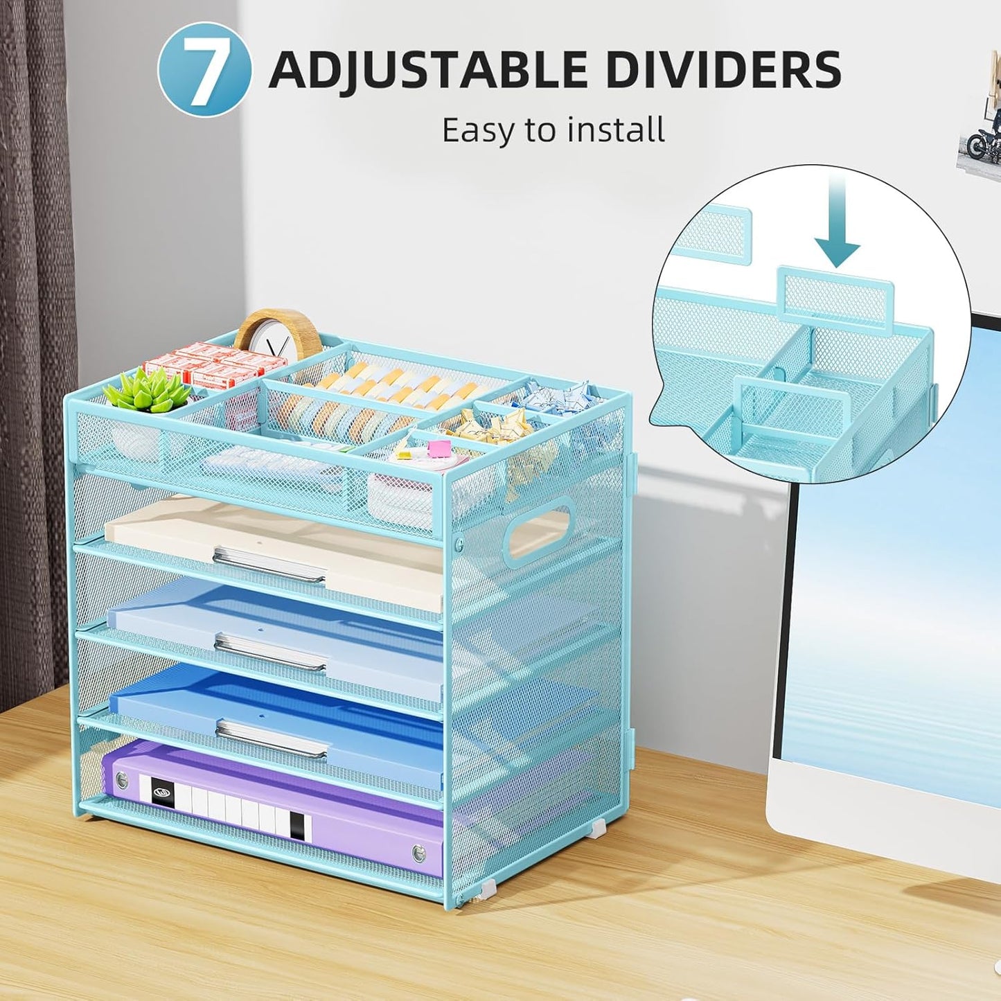 Marbrasse 5-Tier Letter Tray Paper Organizer with Handle, Multi-Functional Mesh File Organizer for Desk, Adjustable Compartments Mesh Desktop Storage for Office Supplies,Black
