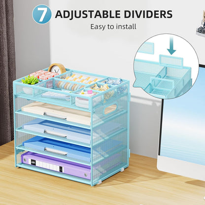 Marbrasse 5-Tier Letter Tray Paper Organizer with Handle, Multi-Functional Mesh File Organizer for Desk, Adjustable Compartments Mesh Desktop Storage for Office Supplies,Black