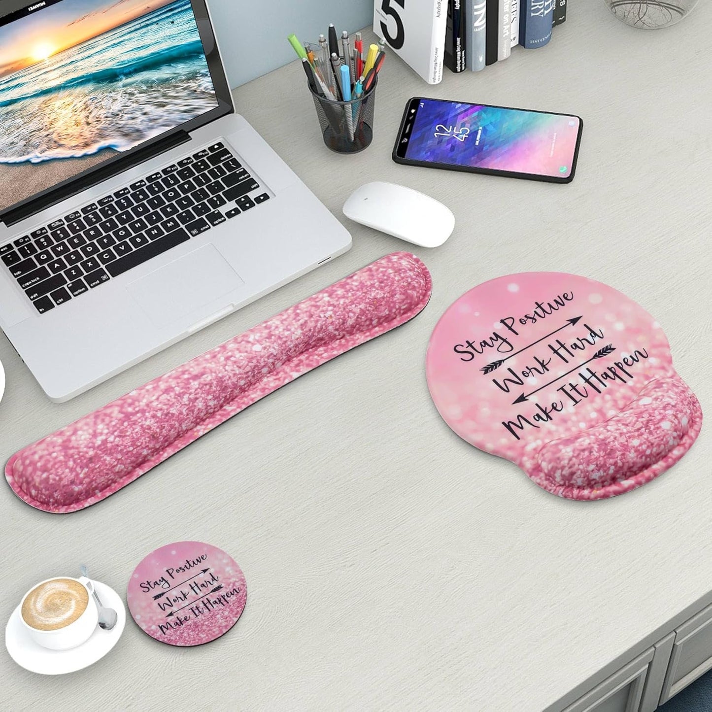 Mouse Pad and Keyboard Wrist Rest Support, with Non-Slip PU Base,Gel Mouse Pad with Coaster,Pain Relief for Gaming, Computer,Office -Beach