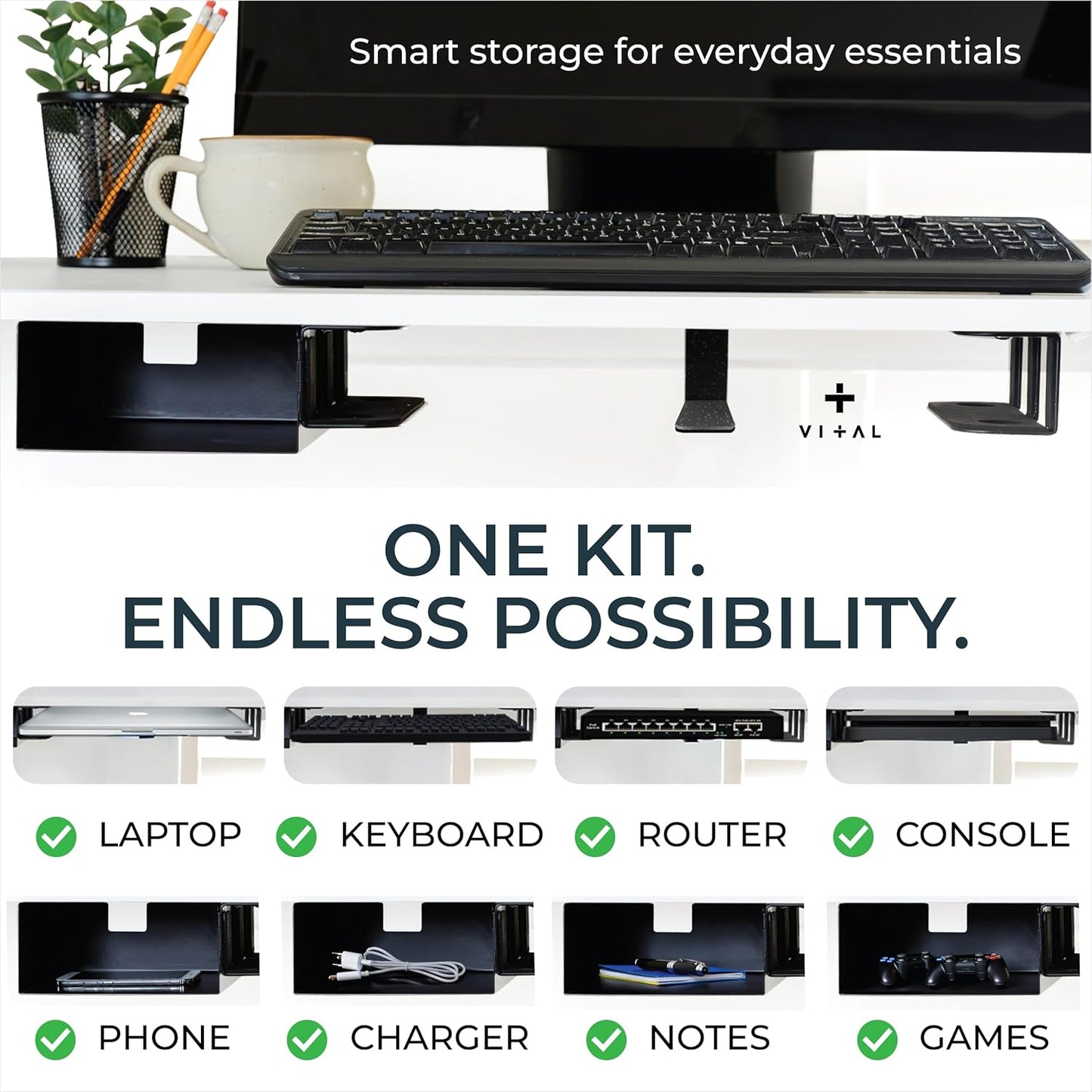 VI+AL Under Desk Laptop Mount - Hidden Metal Shelf with Side Storage, Hook & Cable Organizer - Installs with Tape & Screws - Fits Devices up to 1.7" Thick - Deluxe + LED (USB Light Strip & Remote)