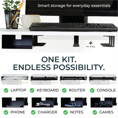 VI+AL Under Desk Laptop Mount - Hidden Metal Shelf with Side Storage, Hook & Cable Organizer - Installs with Tape & Screws - Fits Devices up to 1.7" Thick - Deluxe + LED (USB Light Strip & Remote)
