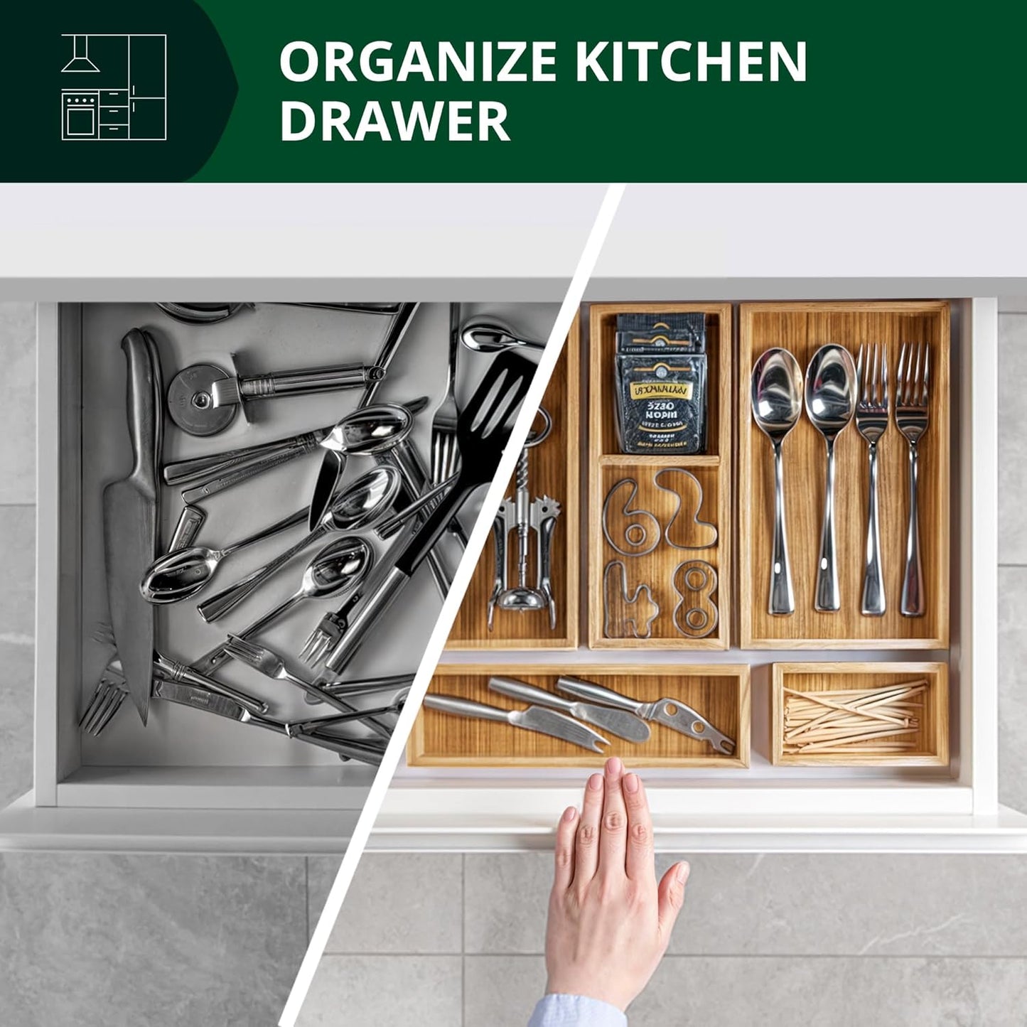 ROYAL CRAFT WOOD 5-Piece Bamboo Drawer Organizer Set – Multi-Use Storage Trays for Kitchen, Bathroom, Office, Makeup, Jewelry & More – Junk Drawer Tray, Utensil Holder, Storage Box & Bin Set (5 Boxes)