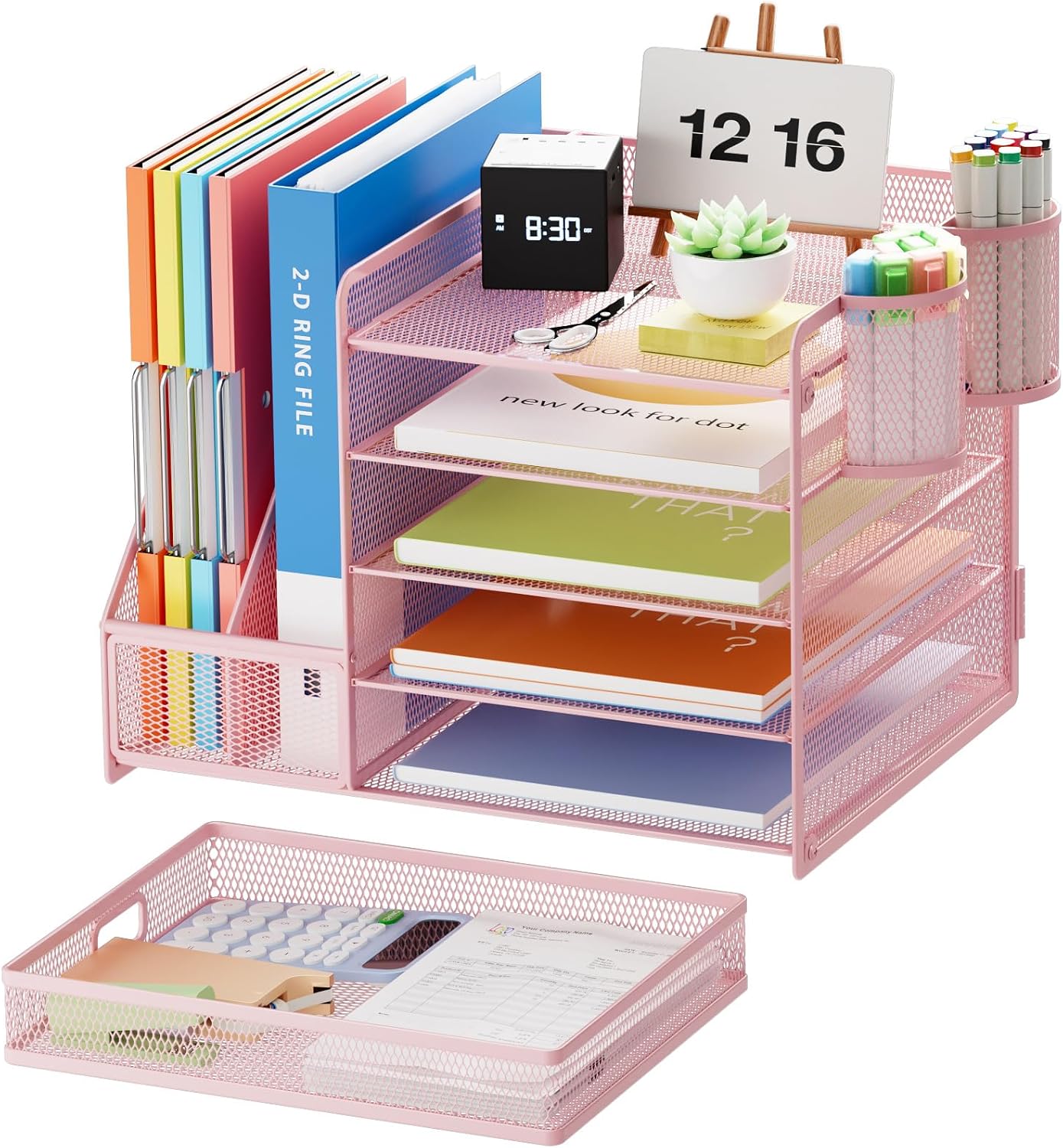 Marbrasse Desk Organizer with File Holder, 5-Tier Paper Letter Tray Organizer with Drawer and 2 Pen Holder, Mesh Desktop Organizer and Storage with Magazine Holder for Office Supplies(Black)