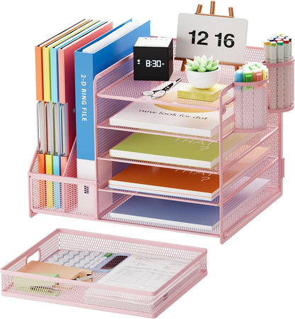 Marbrasse Desk Organizer with File Holder, 5-Tier Paper Letter Tray Organizer with Drawer and 2 Pen Holder, Mesh Desktop Organizer and Storage with Magazine Holder for Office Supplies(Black)