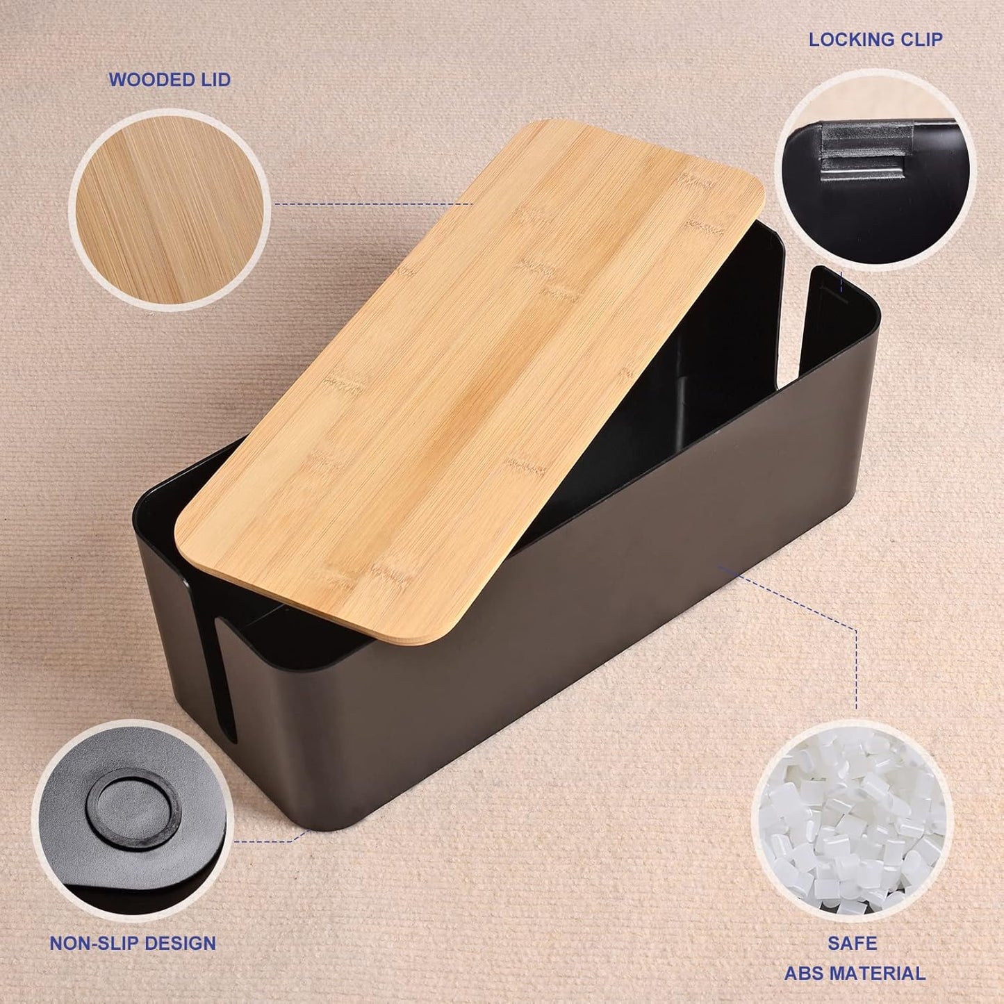 Cable Management Box - Wooden Style Large Cord Organizer to Hide Wires & Power Strips | Desk Computer Cable Organizer | Safe ABS Material | 16" (L) x 6.2" (W) 5.3" (H) | for Home & Office - Black