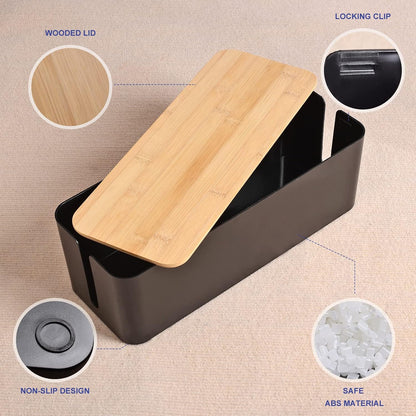 Cable Management Box - Wooden Style Large Cord Organizer to Hide Wires & Power Strips | Desk Computer Cable Organizer | Safe ABS Material | 16" (L) x 6.2" (W) 5.3" (H) | for Home & Office - Black