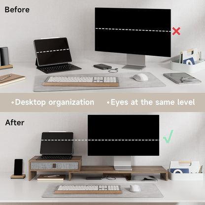 Fenge Computer Monitor Riser Stand with Drawer for 2 or 3 Monitors ,Adjustable Length and Angle Desktop Laptop Stand,Office Organizer,Printer,Black