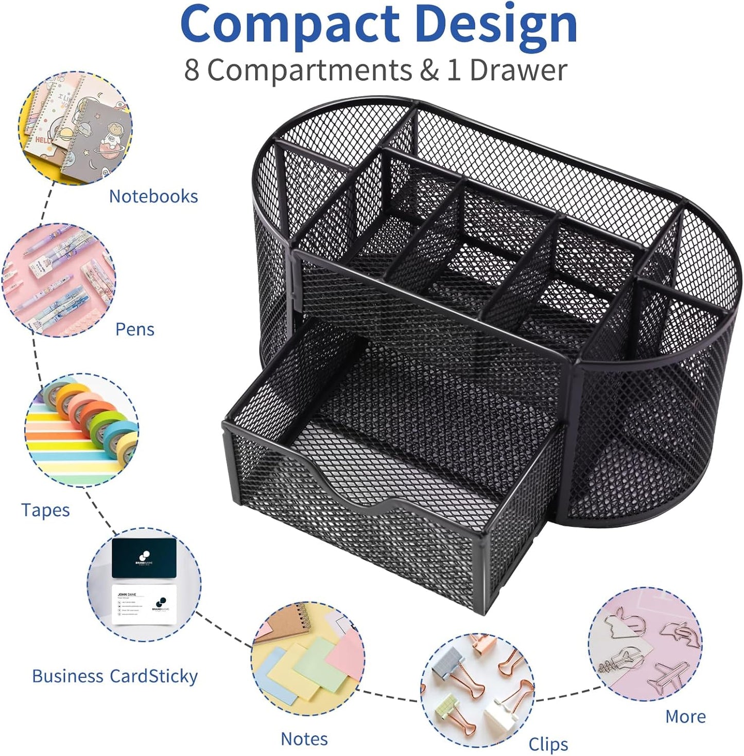 EOOUT Pink Desk Organizer, Pen Holder for Desk and Accessories, Mesh Desk Organizer with 8 Compartments and 1 Drawer for Office Home School Classroom