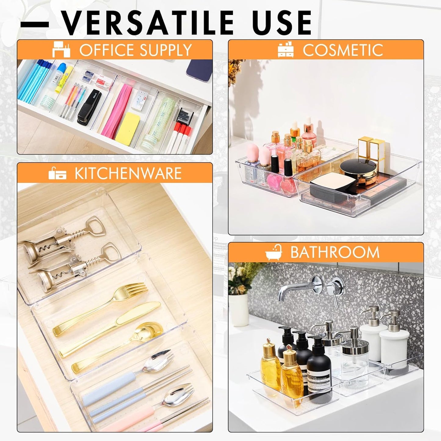 HOUSE DAY Makeup Drawer Organizer Trays 24 PCS, 4-Size Clear Drawer Organizers with Silicone Pads, Vanity Organizers and Storage, Non Slip Plastic Drawer Organizer for Desk, Bathroom, Kitchen, Office