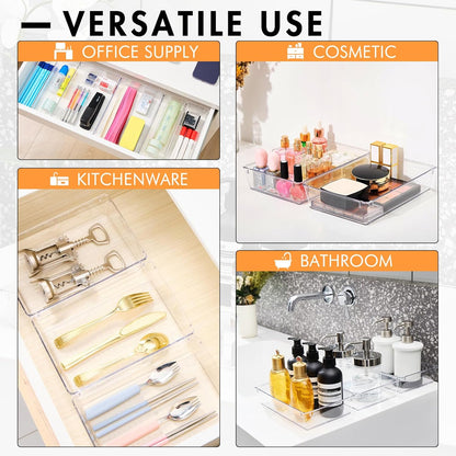 HOUSE DAY Makeup Drawer Organizer Trays 24 PCS, 4-Size Clear Drawer Organizers with Silicone Pads, Vanity Organizers and Storage, Non Slip Plastic Drawer Organizer for Desk, Bathroom, Kitchen, Office
