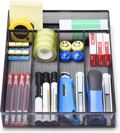 WuGeShop Expandable Office Drawer Organizer, 6 to 7 Compartments Adjustable Mesh Desk Drawer Organizer, Good Desk Organizer for Office Supplies and Art Supplies