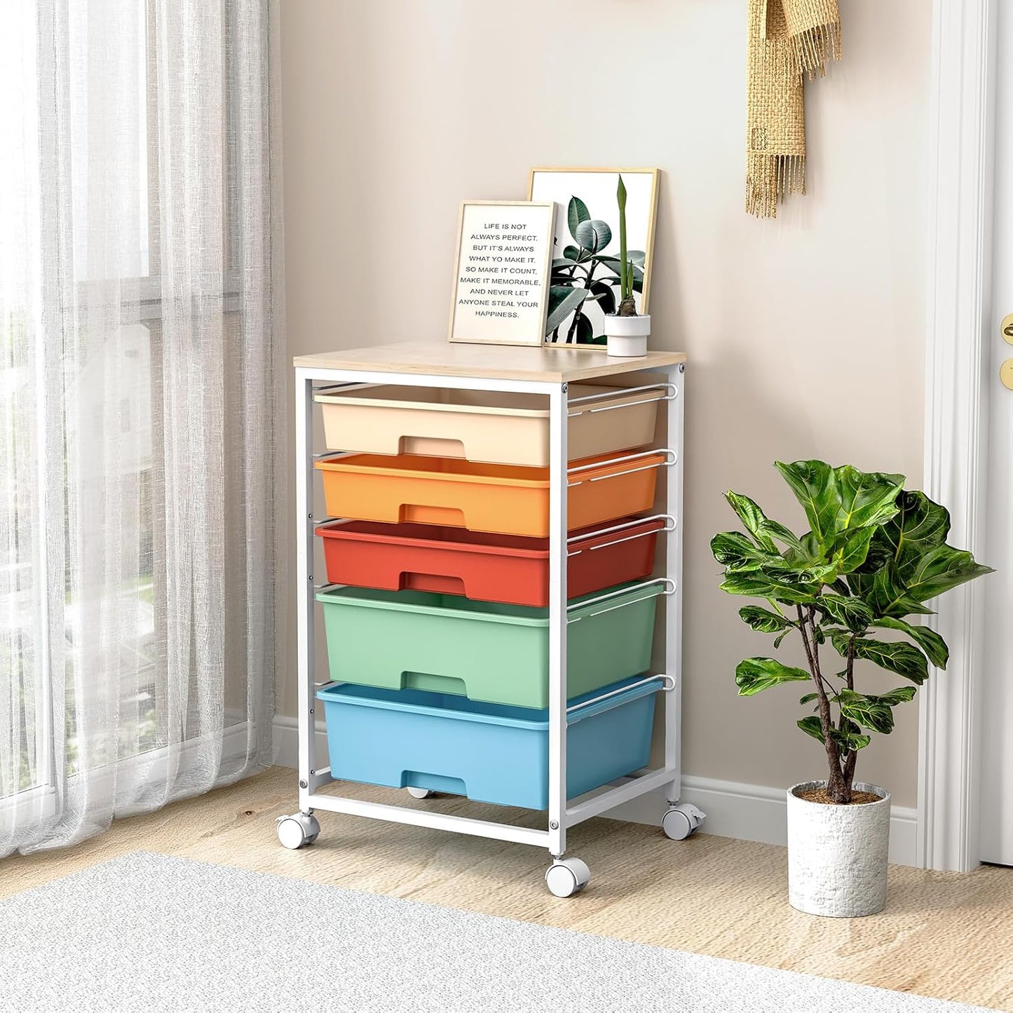 SYKIARIOL Utility Cart with 5 Drawers,Storage Cart with Wooden Tabletop and Lockable Wheels,Craft Storage Trolley Organizer,5-Tier Rolling Utility on Wheels,Light Green