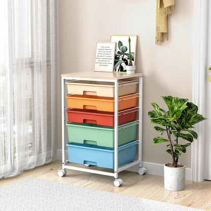 SYKIARIOL Utility Cart with 5 Drawers,Storage Cart with Wooden Tabletop and Lockable Wheels,Craft Storage Trolley Organizer,5-Tier Rolling Utility on Wheels,Light Green