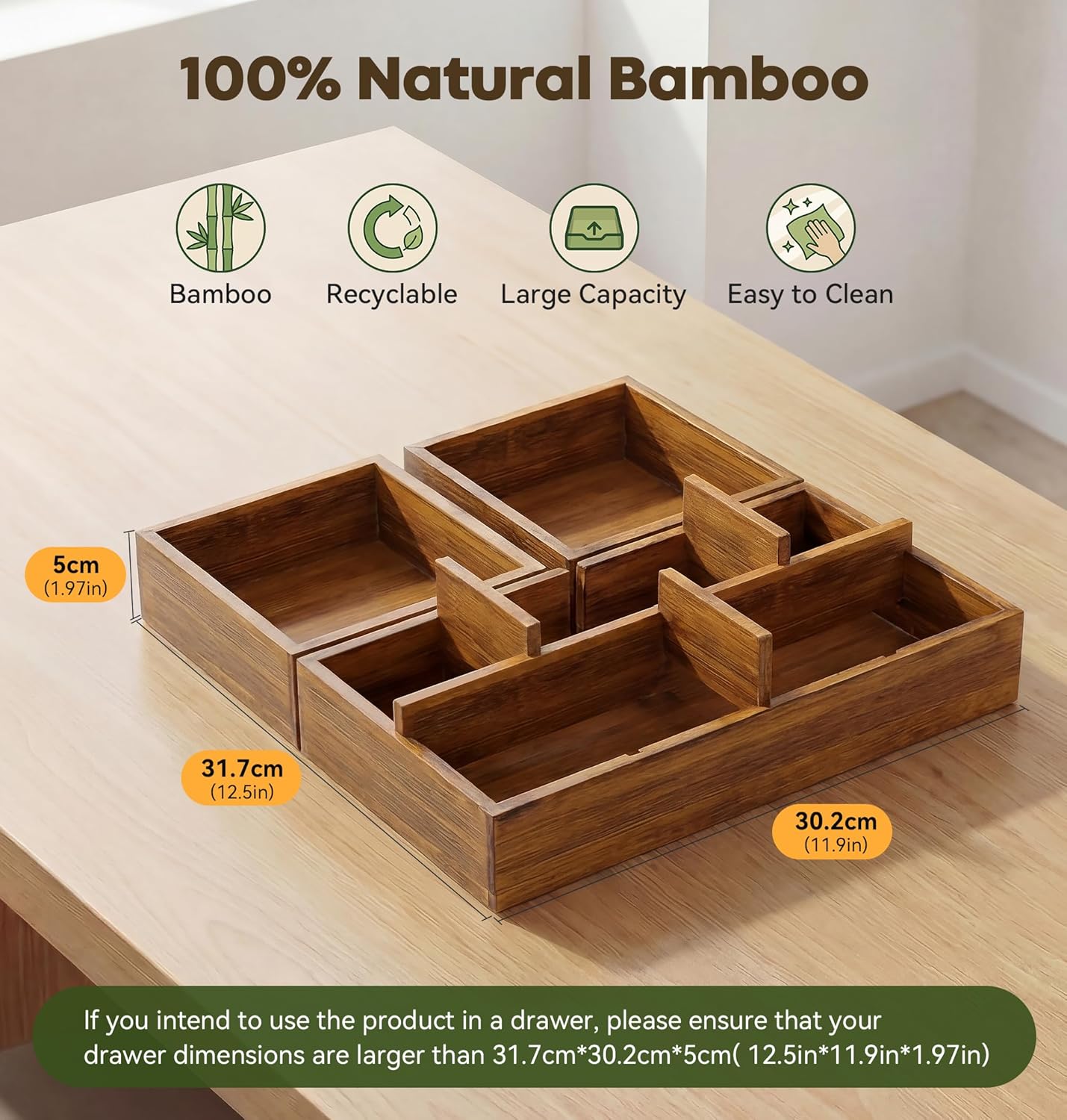 KOCWELL Bamboo Desk Drawer Organizer with Removable Dividers,Multi-Use Office Drawer Organizer Tray,Junk Drawer Organizers for Office,School,Kitchen,Makeup Supply（Original）