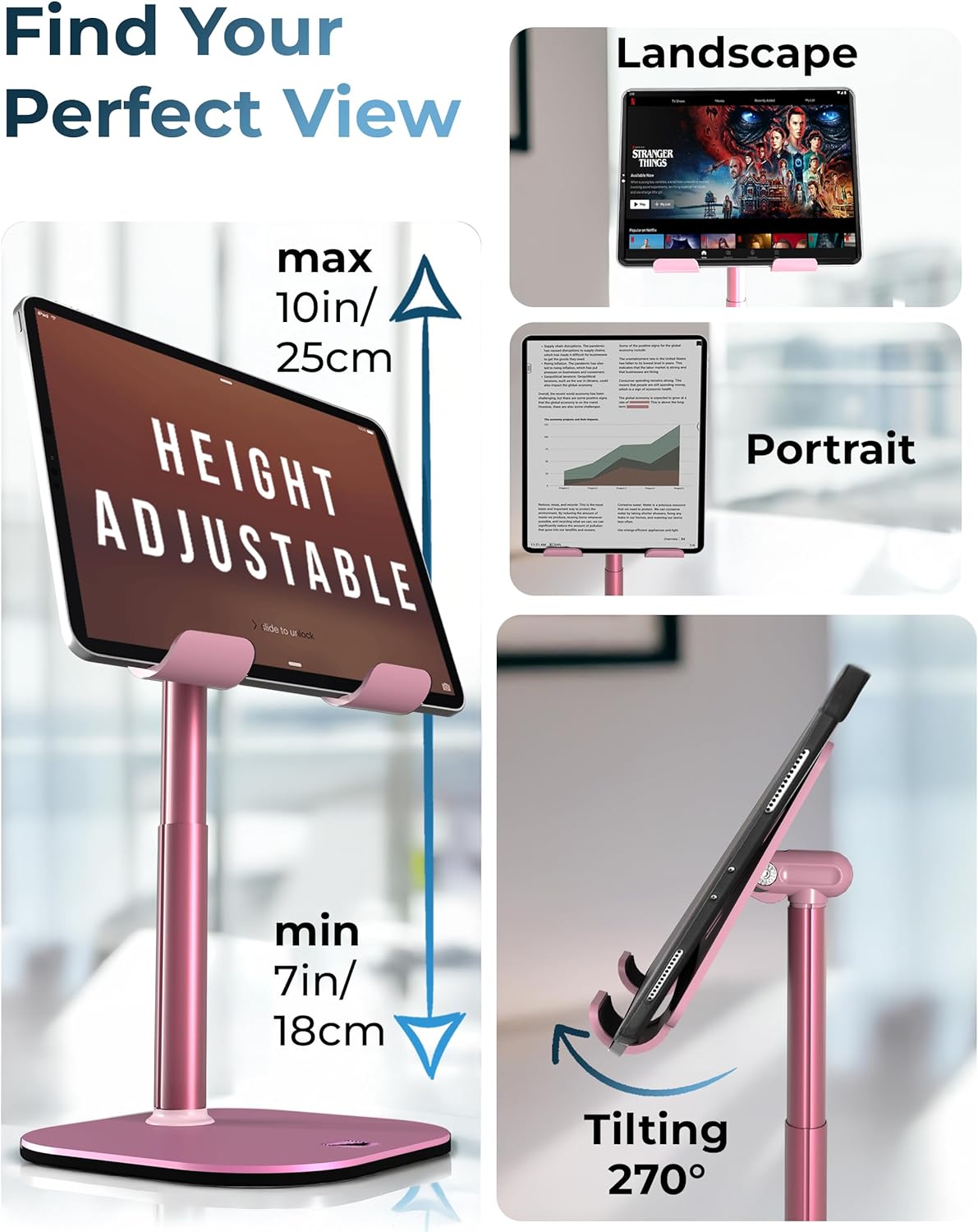 COOPER TabHolder, 7-10" Height Adjustable Tablet Stand, Premium iPad Stand for Desk, 270° Tilt iPad Holder for Desk, Tablet Holder, 15.6-17" Portable Monitor Support (Black)