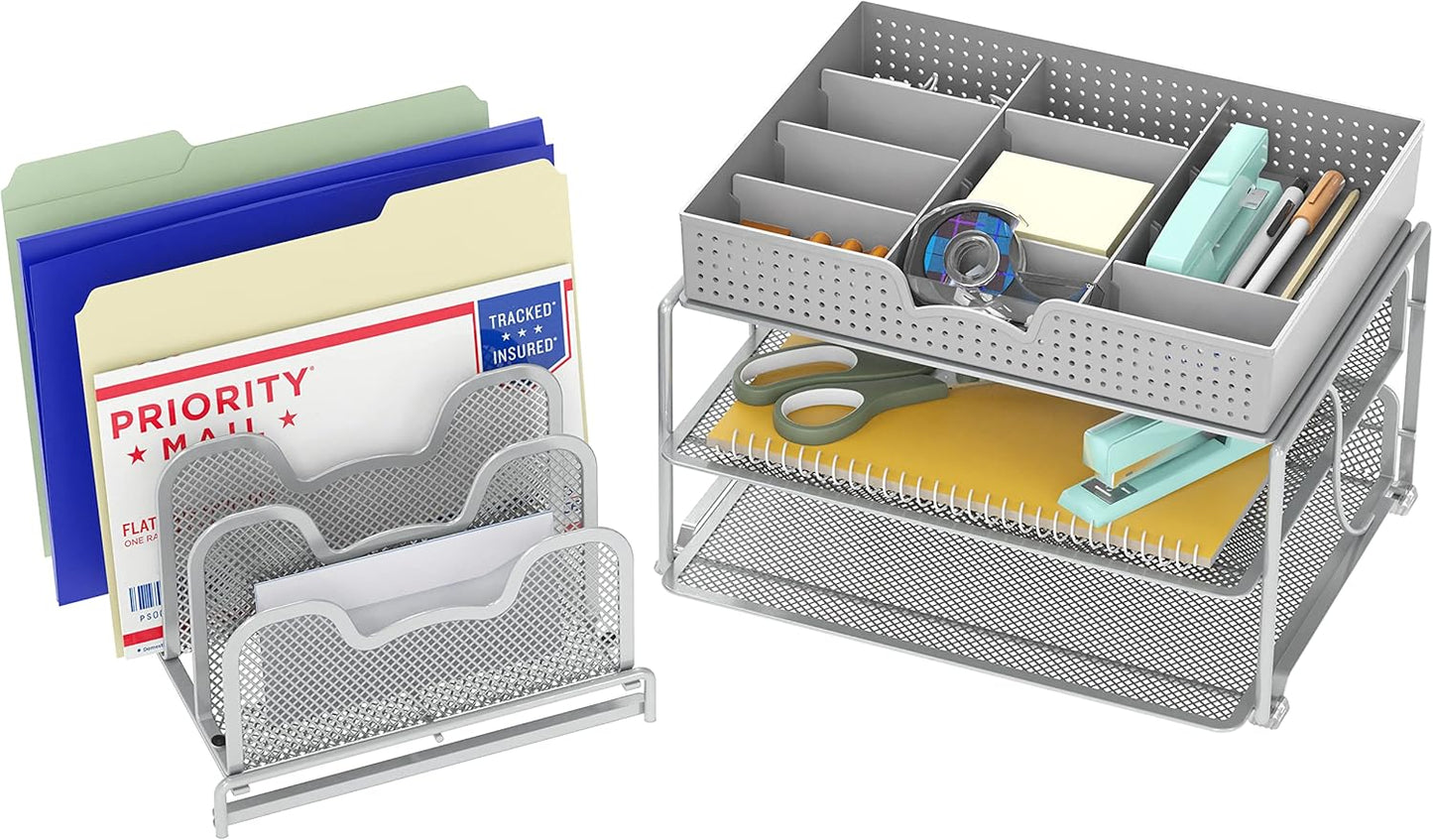 Simple Houseware Mesh Desk Organizer with Sliding Drawer, Double Tray and 5 Stacking Sorter Sections, Black