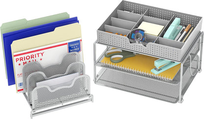 Simple Houseware Mesh Desk Organizer with Sliding Drawer, Double Tray and 5 Stacking Sorter Sections, Black