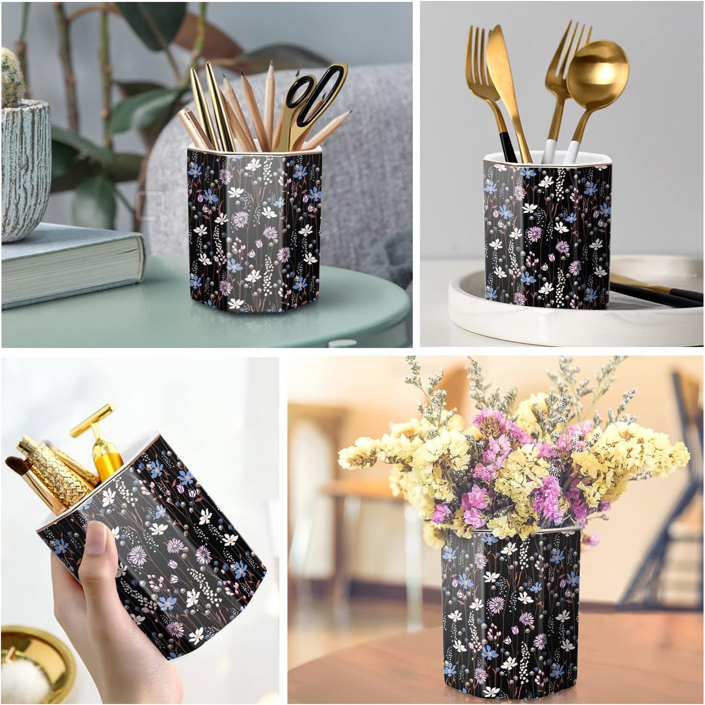 WAVEYU Ceramic Pen Holder for Desk Cute, Pencil Cup Pot Desk Organizer, Makeup Brush Holder for Women, Men, Kids, Desk Marble Decor for Office, Classroom, Home, Gray Golden