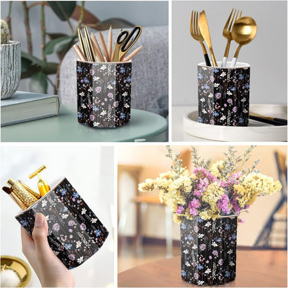 WAVEYU Ceramic Pen Holder for Desk Cute, Pencil Cup Pot Desk Organizer, Makeup Brush Holder for Women, Men, Kids, Desk Marble Decor for Office, Classroom, Home, Gray Golden
