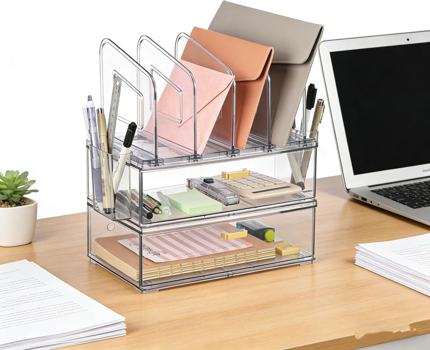 LALOBLUE Acrylic Desk Organizer with Drawer and Vertical File Holder, Desk Organizers and Accessories, Multi-Functional Office Supplies Organizer for Home or Work Desk, White