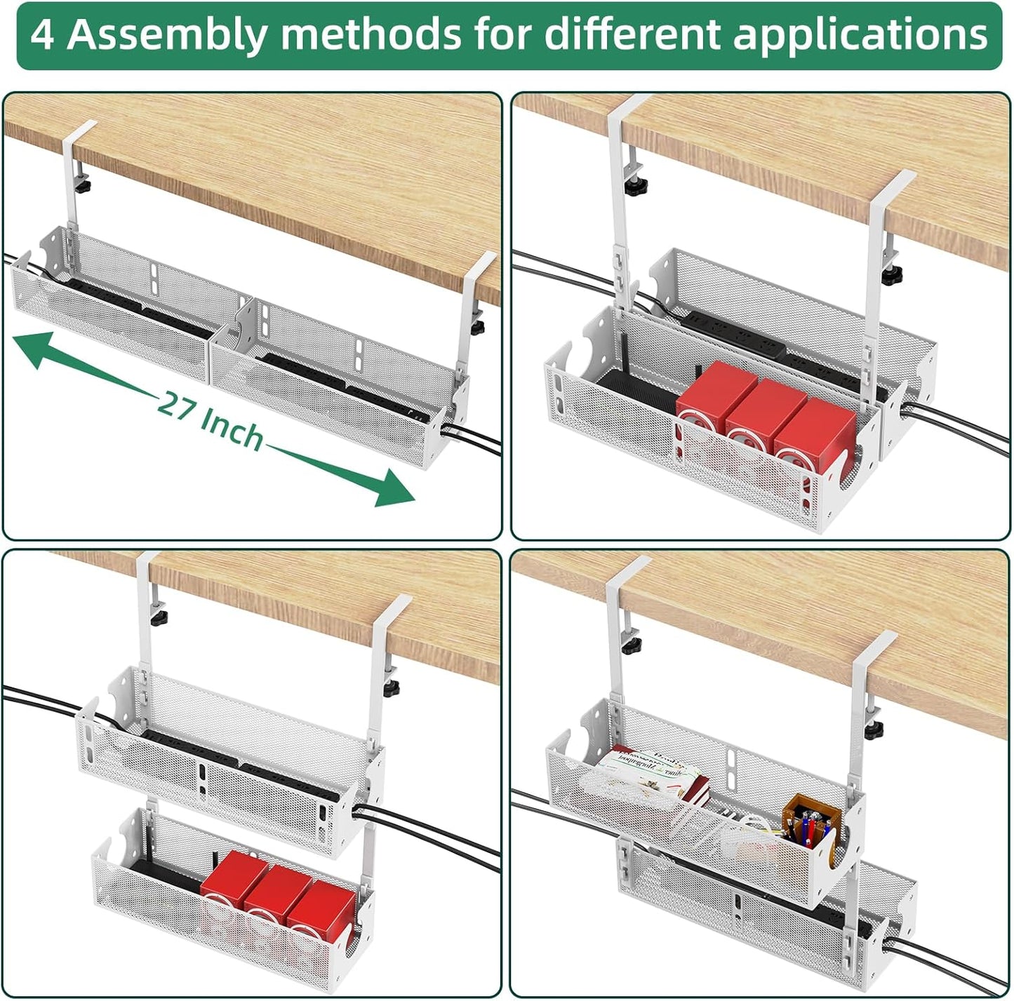 Multi-Model Under Desk Cable Management 2 Pack Metal Under Desk Wire Management Tray Clamp Mount Under Table Cord Management No Damage The Desk（White）