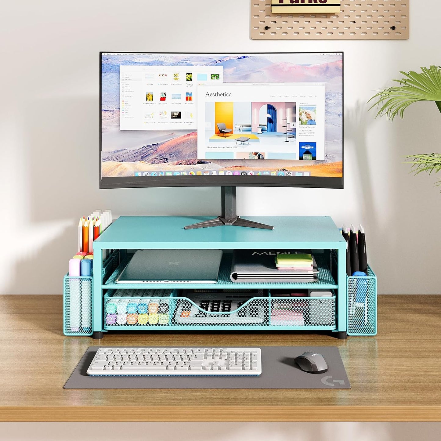 OPNICE Desk Organizer and Accessories, 2-Tier Computer Monitor Stand Riser with Drawer and 2 Pen Holders, Laptop Stand, Office Desk Accessories for Office Supplies, Black