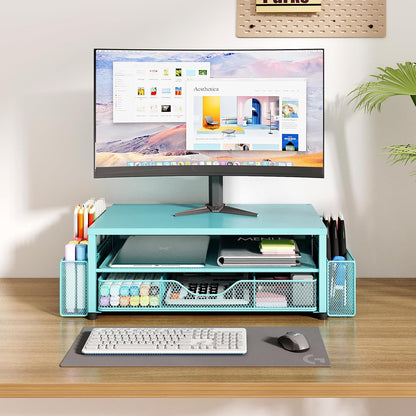 OPNICE Desk Organizer and Accessories, 2-Tier Computer Monitor Stand Riser with Drawer and 2 Pen Holders, Laptop Stand, Office Desk Accessories for Office Supplies, Black