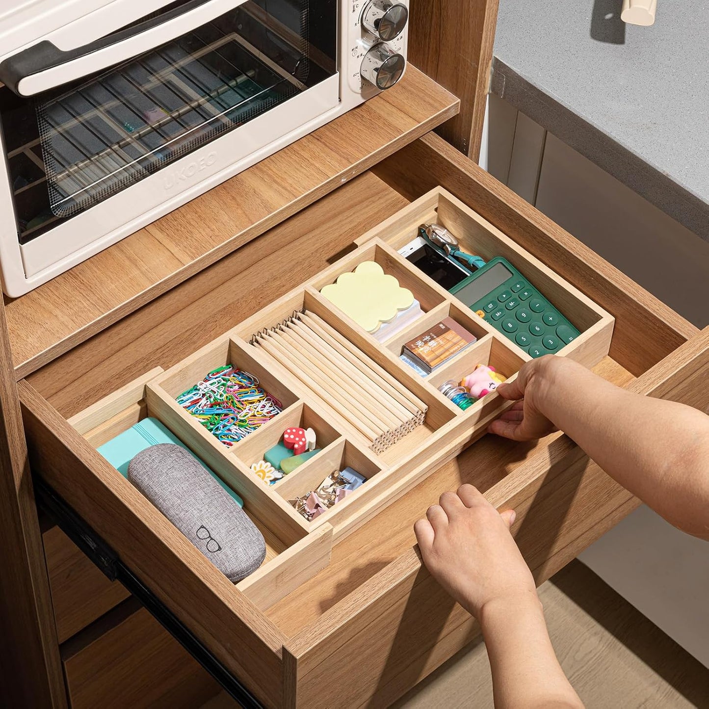 Weysat Sliding Expandable Bamboo Wood Desk Drawer Organizer with 9 Compartments 12"x9" Expandable to 20"x9" Office Desk Organizer Tray Divider Drawer for Office Supplies Makeup Jewelry Vanity