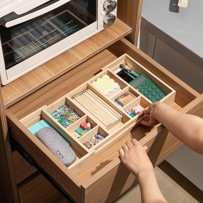 Weysat Sliding Expandable Bamboo Wood Desk Drawer Organizer with 9 Compartments 12"x9" Expandable to 20"x9" Office Desk Organizer Tray Divider Drawer for Office Supplies Makeup Jewelry Vanity