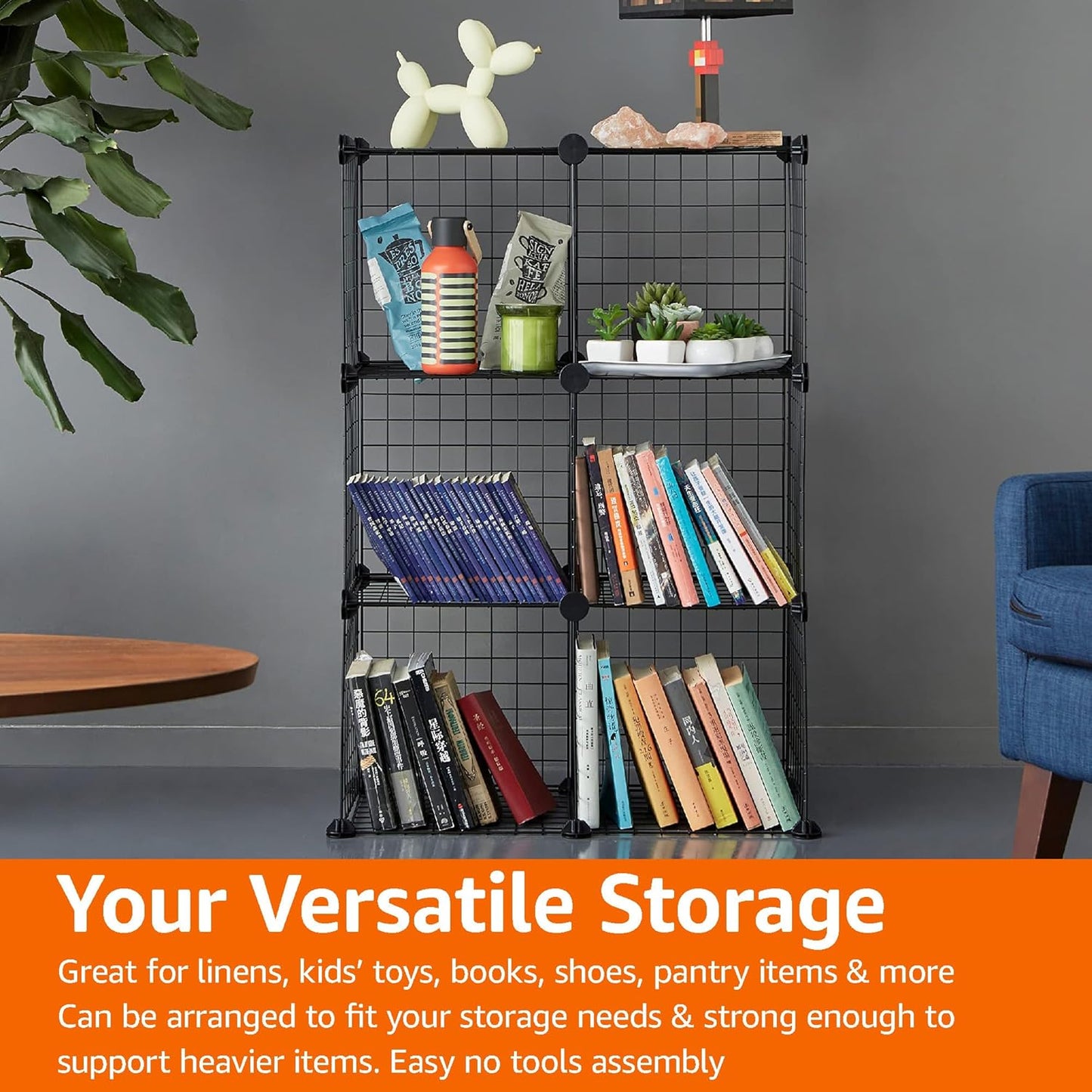 Amazon Basics 6-Cube Wire Grid Stackable Storage Organizer, Metal Shelving Unit, No-Tool Assembly, 26"W x 38"H x 12.6"D, Black
