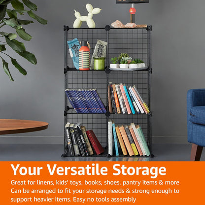 Amazon Basics 6-Cube Wire Grid Stackable Storage Organizer, Metal Shelving Unit, No-Tool Assembly, 26"W x 38"H x 12.6"D, Black