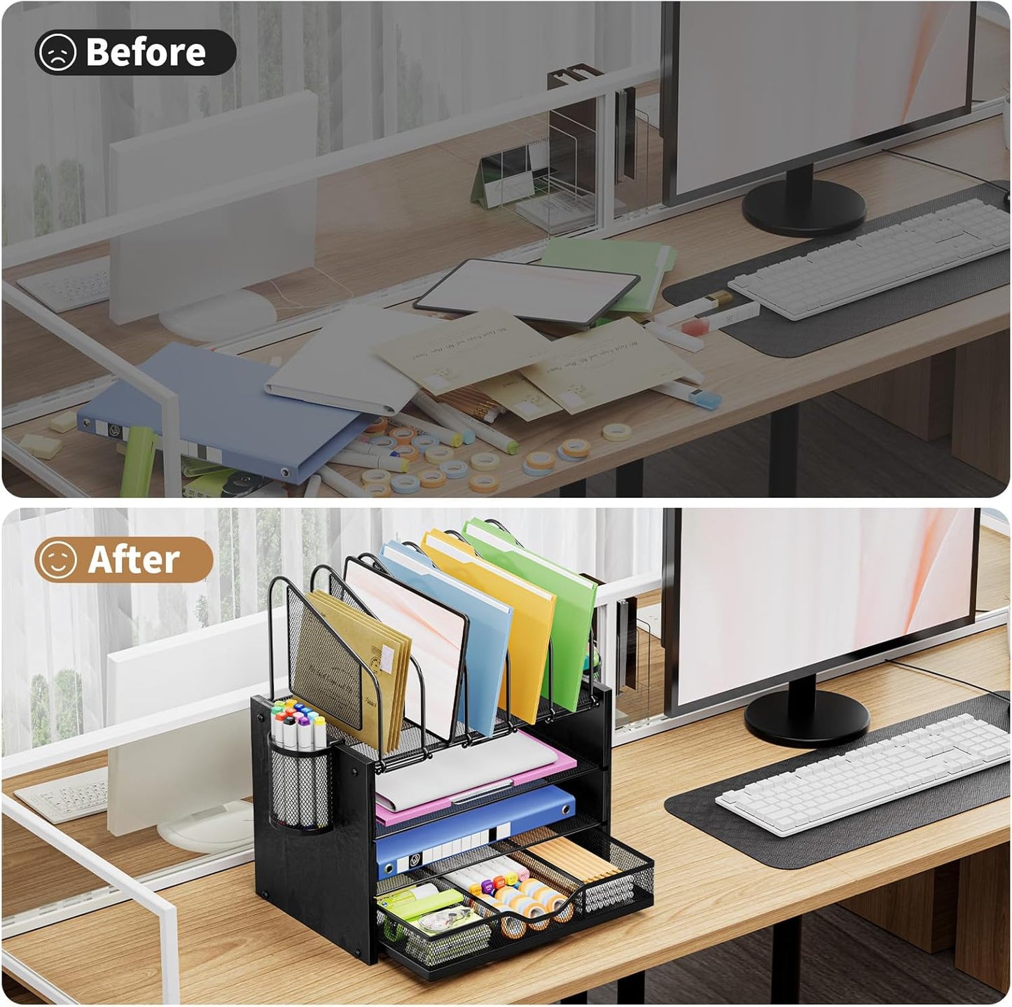 Marbrasse Desk Organizer with Drawer, 4-Tier Mesh File Organizer with 5 Vertical File Holders and 2 Pen Holders, Multifunction Desktop Organizer,Desk Organizers and Accessories for Home Office