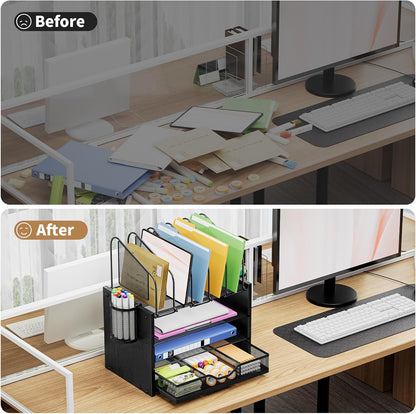 Marbrasse Desk Organizer with Drawer, 4-Tier Mesh File Organizer with 5 Vertical File Holders and 2 Pen Holders, Multifunction Desktop Organizer,Desk Organizers and Accessories for Home Office