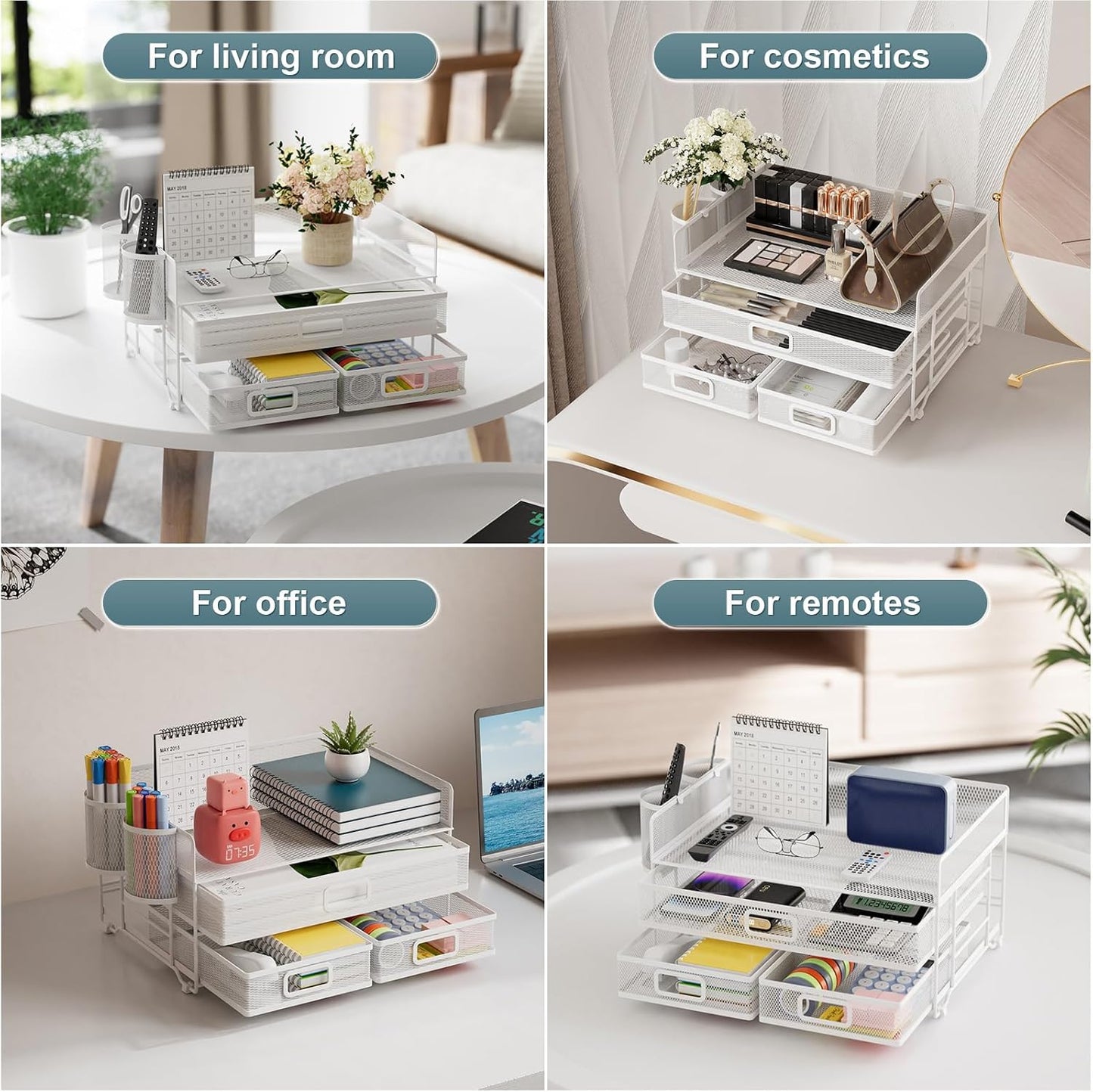 Marbrasse 3 Tier Mesh Desk Organizer with Drawer, Multi-Functional Desk Organizers and Accessories, Paper Letter Organizer with 2 Pen Holder for Home Office Supplies (Black)