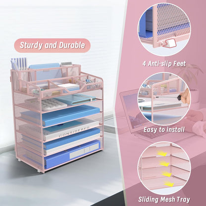 5 Tier Mesh Desk Organizer,Multi Functional Letter Paper Tray with 3 Pen Holders and 5 Adjustable Storage Compartments for Office Supplies Files and Mail Space Saving Desktop Organizer-Black