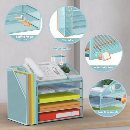 DocNest 4 Tier Metal Mesh Letter Tray - Space Saving Desk File Organizer with Handle, Pen Holder & Folder Holder - Desktop Document Sorter for Office, Home, School, Classroom - Black
