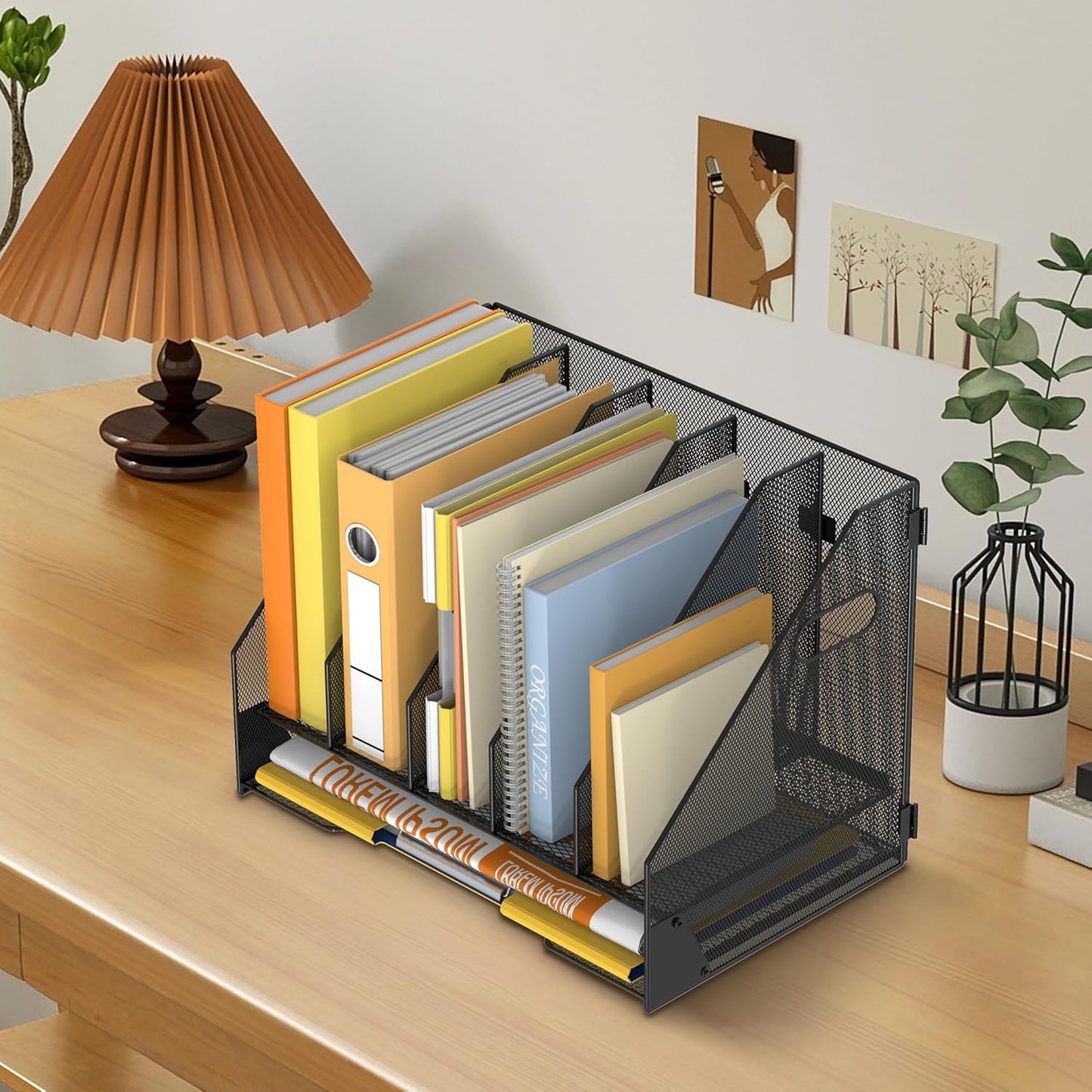 DALTACK Magazine File Holder, 5 Vertical Compartments Rack Binder Holder with Paper Tray, Metal Magazine Organizer for Office, Home, School (Black)