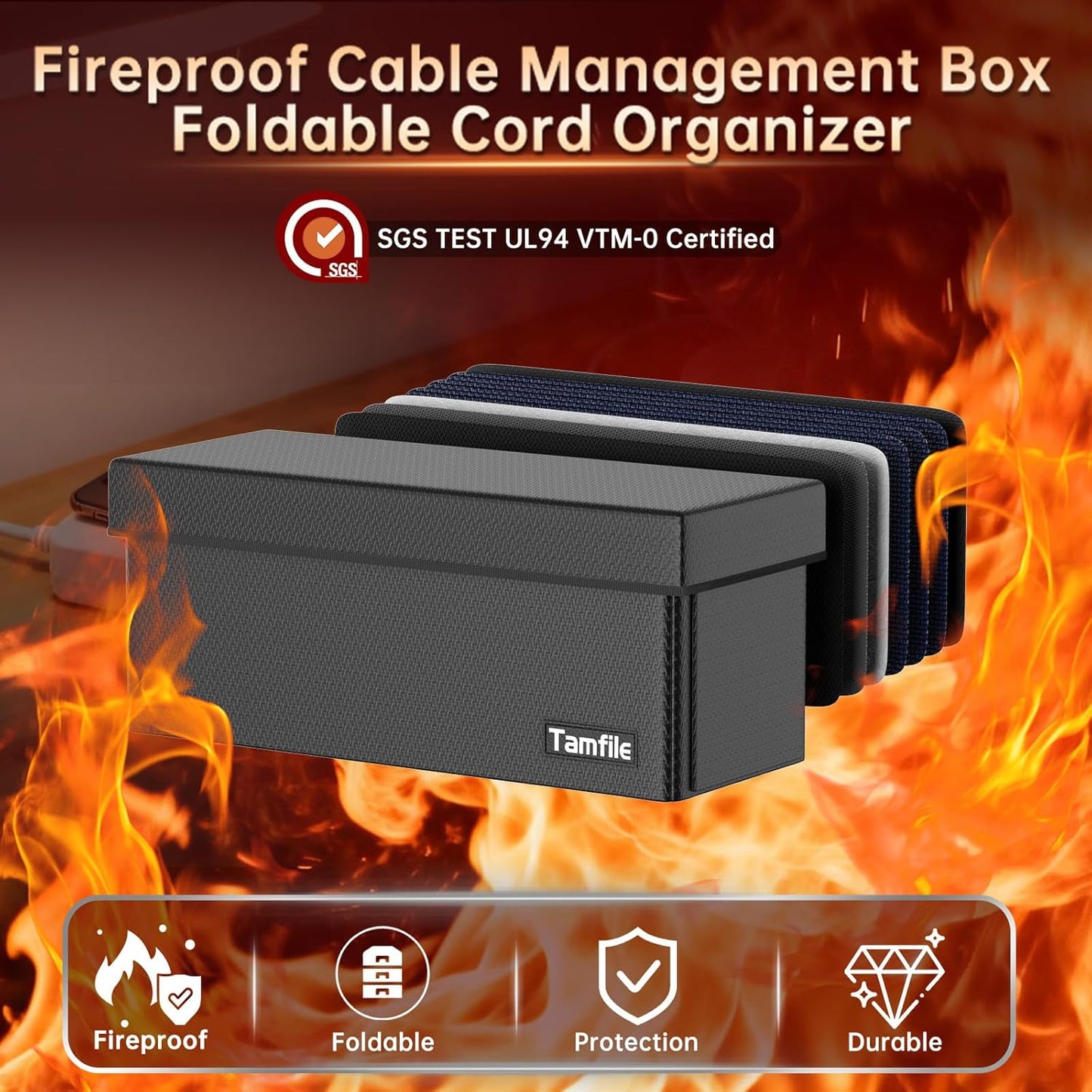 Tamfile Cable Management Box, Fireproof Foldable Cord Organizer and Cover, Heat Resistant Large Power Strip Organizer for TV Wires, Computer and USB Hub with Cable Clips & Reusable Cable Ties (Black)